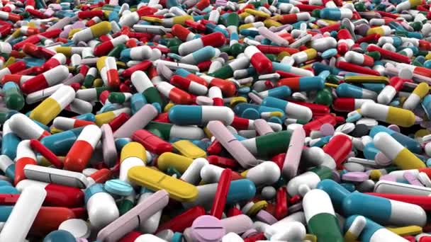 Stapel van verschillende kleuren farmaceutische capsules en pillen close-up, dolly bewegen. 3D rendering met glanzende close-up achtergrond. — Stockvideo