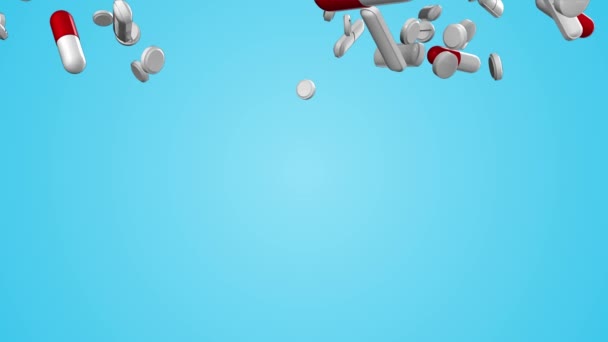 Capsules et pilules pharmaceutiques blanches et rouges tombent sur le fond bleu. rendu 3D avec gros plan brillant. Effet transitoire .