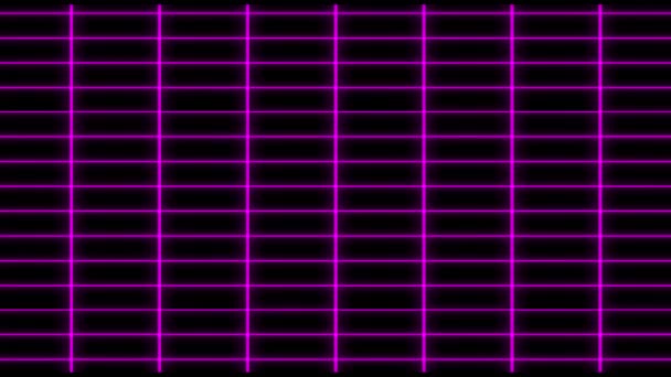 Griglia olografica viola elemento grafico a movimento verticale a matrice. Astratto sfondo nero tecnologico con strisce viola e particelle . — Video Stock