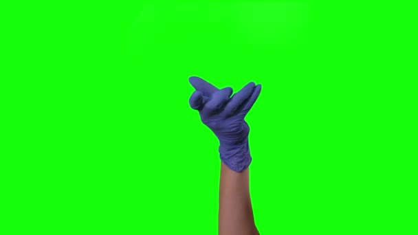 Médicos mano femenina en guante azul está saludando darle la bienvenida y gesto ven aquí en la pantalla verde. Primer plano del movimiento . — Vídeos de Stock