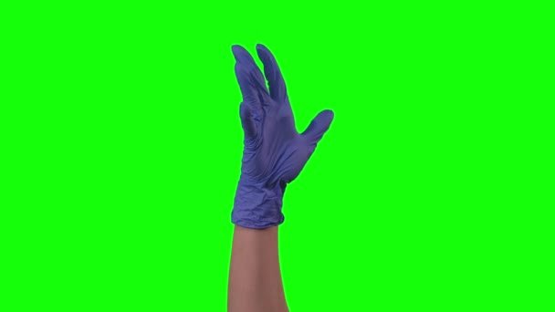 Médicos mano femenina en guante azul está jurando y gestos nerviosamente en la pantalla verde. Primer plano del movimiento . — Vídeos de Stock