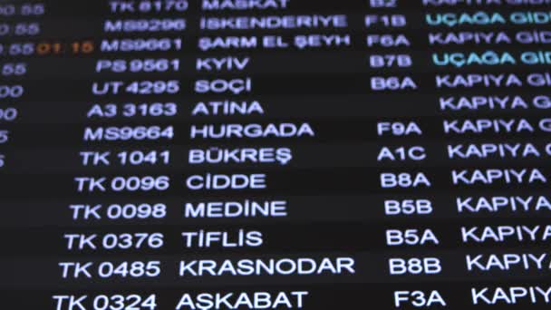 Flygplatsinformation tidtabell för avgångar med inskriptioner på engelska och turkiska språk. Info på displayen förändras, ny flygplats i Istanbul. Närbild — Stockvideo