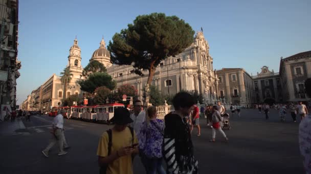 CATANIA, SICILIA, ITALIA - SEPTIEMBRE 2019: Catedral Católica Romana con esculturas, fachada decorada. Árboles verdes. Tren turístico, turistas a pie — Vídeos de Stock