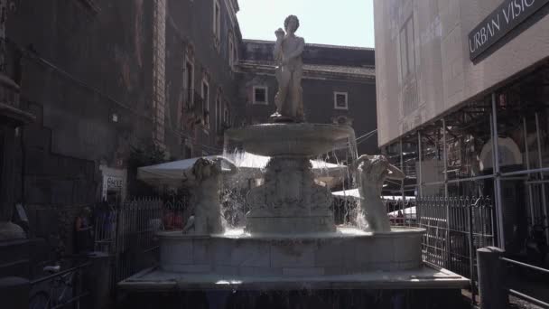 KATANIEN, SIZILIEN, ITALIEN - SEPT 2019: Der Brunnen von Amenano wird mit der Gestalt eines jungen Mannes gekrönt. Umgeben von Gebäuden. Wandernde Touristen, blauer Himmel — Stockvideo