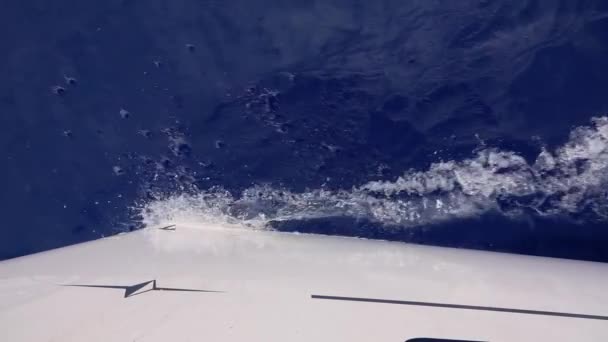 Nez de voilier coupant l'eau, excès de vitesse faisant des vagues mousseuses. Mouvement lent — Video
