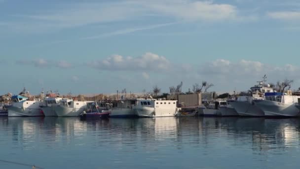 Πολύχρωμα πλοία και βάρκες αγκυροβολημένα κοντά σε κυματοθραύστες στη μαρίνα Portorosa — Αρχείο Βίντεο