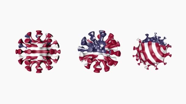 Animação 3D Coronavirus 2019-nCoV of USA. Bandeira dos EUA em esferas de bola de vírus covid19, sobre fundo branco. Canal Alfa — Vídeo de Stock