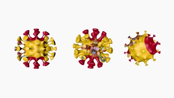 İspanya 'nın 3D animasyon Coronavirüs 2019-nCoV' u. Beyaz arka planda, virüs küreleri içindeki İspanyol resmi bayrağı covid19. Alfa kanalı — Stok video
