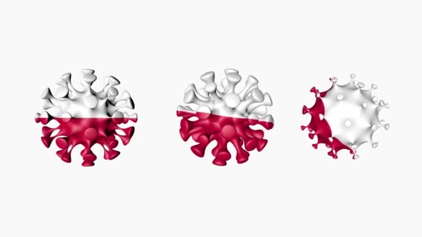 Animación 3D Coronavirus 2019-nCoV de Polonia. Bandera oficial polaca en esferas de virus covid19, sobre fondo blanco. Canal alfa — Vídeo de stock