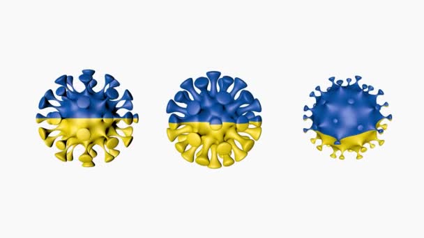 乌克兰的3D动画Coronavirus 2019-nCoV 。乌克兰官方国旗在病毒球体共19个，白色背景。阿尔法通道 — 图库视频影像