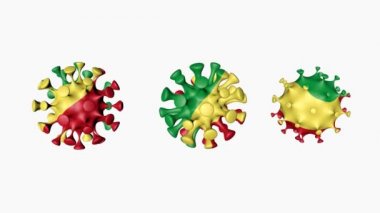 3D animasyon Coronavirus 2019-nCoV Gine. Virüs kürelerinde Gine GN bayrağı. Beyaz arka planda, covid19. Alfa kanalı