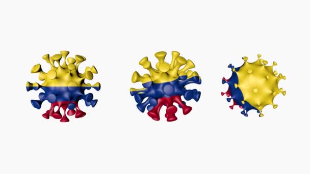 3D animation Coronavirus 2019-nCoV of Colombia. Σημαία Κολομβίας σε σφαιρίδια ιών covid19, σε λευκό φόντο. Κανάλι άλφα — Αρχείο Βίντεο