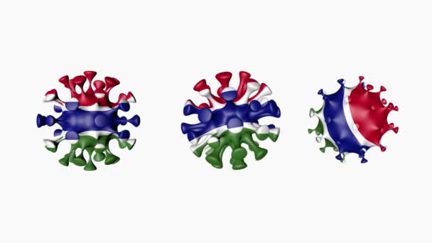 3D animation Coronavirus 2019-nCoV της Γκάμπια. Σημαία Γκάμπια σε σφαιρίδια ιών covid19, σε λευκό φόντο. Κανάλι άλφα — Αρχείο Βίντεο