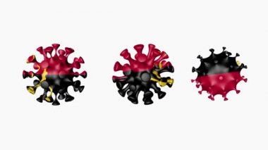 Angola 'nın 3D animasyon Coronavirüs 2019-nCoV' u. Beyaz arka planda, virüs küreleri içindeki Angola bayrağı covid19. Alfa kanalı