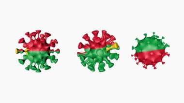 3D animasyon Coronavirus 2019-nCoV Burkina Faso. Beyaz arka planda, virüs kürelerinde Burkina Faso bayrağı. Alfa kanalı