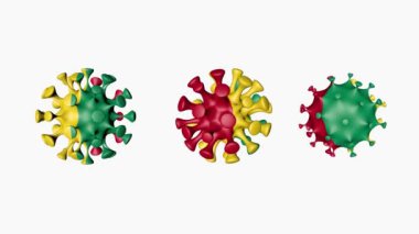 3D animasyon Coronavirus 2019-nCoV Gine. Virüs kürelerinde Gine bayrağı. Beyaz arka planda, covid19. Alfa kanalı