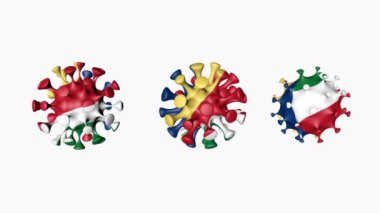 Seyşeller 'in 3D animasyon Coronavirüs 2019-nCoV' u. Beyaz arka planda, virüs kürelerinde bulunan Seychellois bayrağı. Alfa kanalı