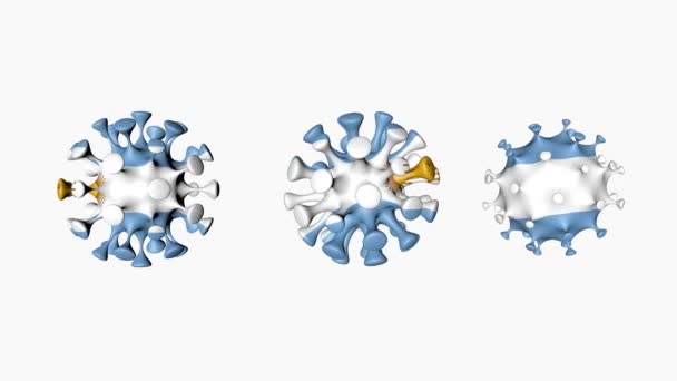 Animación 3D Coronavirus 2019-nCoV de Argentina país sudamericano. Bandera argentina en esferas virus covid19, sobre fondo blanco. Canal alfa — Vídeos de Stock