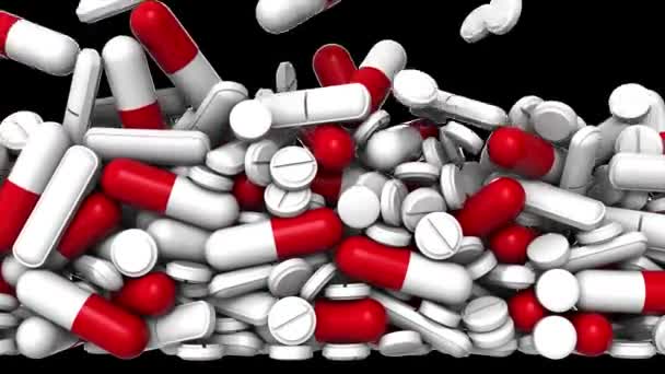 Przejście Białe i czerwone kapsułki farmaceutyczne i tabletki spadają na stos na czarnym tle. Renderowanie 3D z błyszczącym tłem zbliżeniowym i kanałem alfa. Efekt przejściowy. — Wideo stockowe