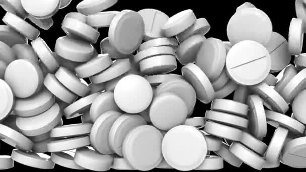 Übergang Weiße Pharmapillen fallen vor schwarzem Hintergrund stapelweise herunter. 3D-Animation Nahaufnahme Hintergrund mit Alphakanal. Übergangswirkung. — Stockvideo