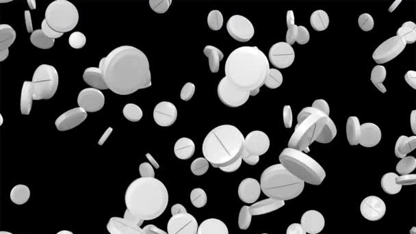 Les pilules pharmaceutiques blanches tombent sur le fond noir. rendu 3D en gros plan avec canal alpha. Effet transitoire .
