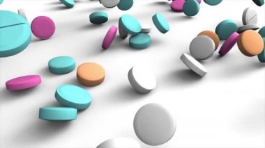 Renkli eczacılık hapları beyaz arka plana yığılıyor. 3B canlandırma kapatma arkaplanı