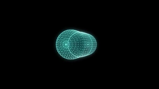 Голограма синього дроту, що обертається фармацевтичною капсулою, ізольована на чорному тлі. 3D візуалізація ліків. крупним планом — стокове відео