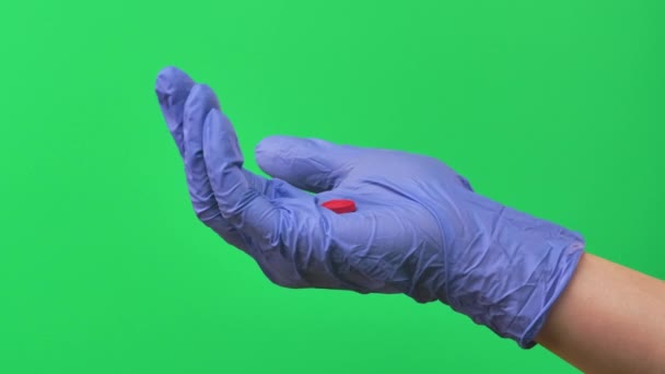 医者は赤い錠剤を示しています。医師女性手で保護手袋の閉鎖で緑の画面. — ストック動画