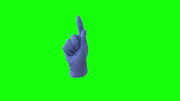 Gestos de dedo de pantalla táctil. Mano en guante azul. Pantalla verde. Chromakey. Mano tocando como usando smartphone — Vídeos de Stock