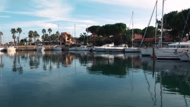 Aangemeerde zeiljachten en runabouts bij jachthaven Portorosa. Omgeven groen — Stockvideo