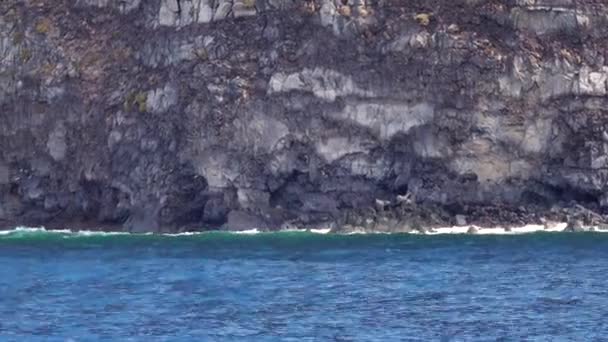Kilátás mozgó jacht sziklás hegyek, kék tenger víz — Stock videók