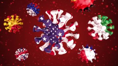 Farklı ülkelerin 3D animasyon Coronavirüs 2019-nCoV 'u. ABD, Fransa, İspanya, İtalya, Çek Cumhuriyeti, Büyük Britanya kırmızı arka planda, virüslü top kürelerinde bayrak sallıyor. Alfa kanalı