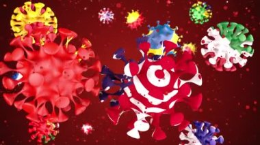 Farklı ülkelerin 3D animasyon Coronavirüs 2019-nCoV 'u. Çin, Amerika, Fransa, İspanya, İtalya, İsveç, Çek Cumhuriyeti, Büyük Britanya bayrakları kırmızı zemin üzerinde kovid19 kürelerinde görülüyor. Alfa