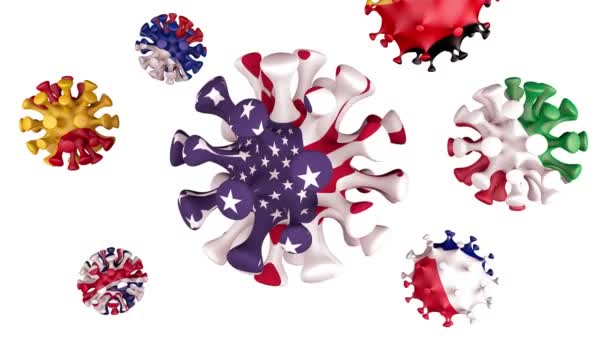 Animación 3D Coronavirus 2019-nCoV de diferentes países. Estados Unidos, Francia, España, Italia, República Checa, Gran Bretaña banderas en esferas de bolas de virus covid19, en el fondo blanco. Canal alfa — Vídeo de stock