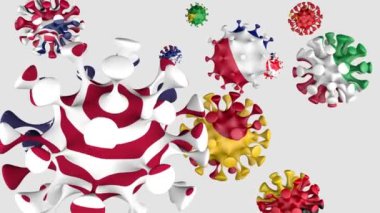 3D animasyon Coronavirus 2019-nCoV. Çin, Amerika, Fransa, İspanya, İtalya, İsveç, Çek Cumhuriyeti, Büyük Britanya bayrakları beyaz arka planda kovid19 kürelerinde görülüyor. Alfa kanalı