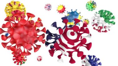 3D animasyon Coronavirus 2019-nCoV. Çin, Amerika, Fransa, İspanya, İtalya, İsveç, Çek Cumhuriyeti, Büyük Britanya bayrakları beyaz arka planda kovid19 kürelerinde görülüyor. Alfa kanalı