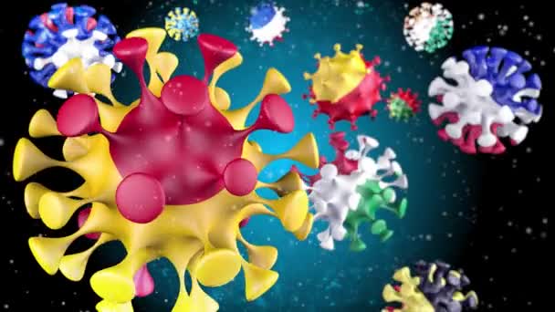 Animation 3D Coronavirus 2019-nCoV. Espagne, France, Italie, République tchèque, Suède, Grande-Bretagne drapeaux dans les sphères de virus boule covid19 avec des particules, fond bleu. Canal alpha — Video