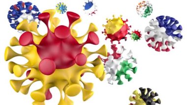 3D animasyon Coronavirus 2019-nCoV. İspanya, Fransa, İtalya, Çek Cumhuriyeti, İsveç, Büyük Britanya virüs küresindeki bayraklar parçacıklar ve beyaz arkaplan ile kovid19. Alfa kanalı
