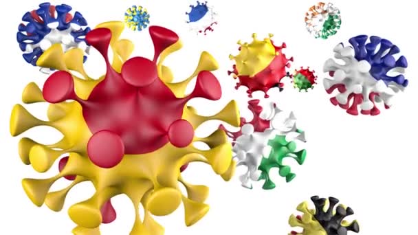 Animation 3D Coronavirus 2019-nCoV. Espagne, France, Italie, République tchèque, Suède, Grande-Bretagne drapeaux dans les sphères de virus boule covid19 avec des particules, fond blanc. Canal alpha — Video