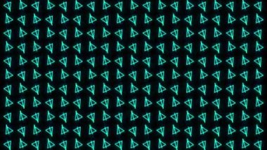 Neon soyut parlak mozaik mavi üçgenler. Canlandırılmış arkaplan parçacıkları. Neon turkuaz çapraz döngü karmaşık soyut hareket grafiği