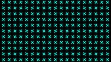 Neon soyut parlak mozaik mavi haçlar. Canlandırılmış arkaplan parçacıkları. Neon turkuaz çapraz döngü karmaşık soyut hareket grafiği