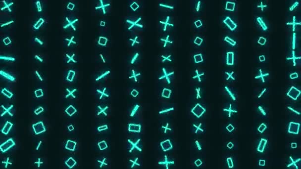Neon abstrakcyjne jasne mozaiki niebieskie różne postacie. Animowane cząstki tła. Pętla złożona abstrakcyjna grafika ruchu neonowego turkusowego krzyża — Wideo stockowe
