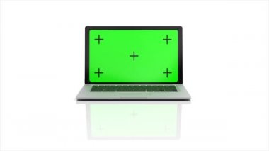 Yeşil ekranlı modern laptop beyaz arka planda görünür ve açılır. Alfa kanalında 4K animasyon. 3B görüntüleme