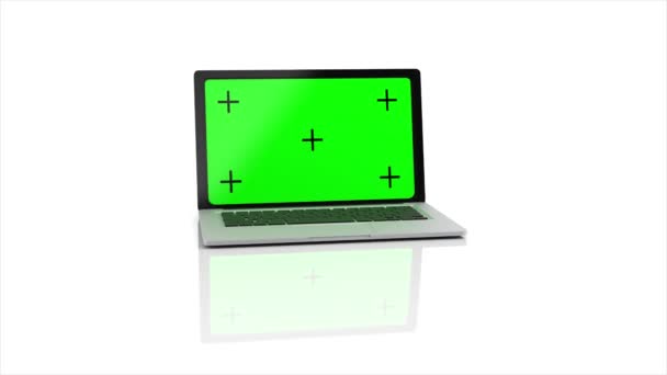 Laptop moderno com uma tela verde está abrindo em um fundo branco. Animação 4K com canal alfa. Renderização 3D — Vídeo de Stock