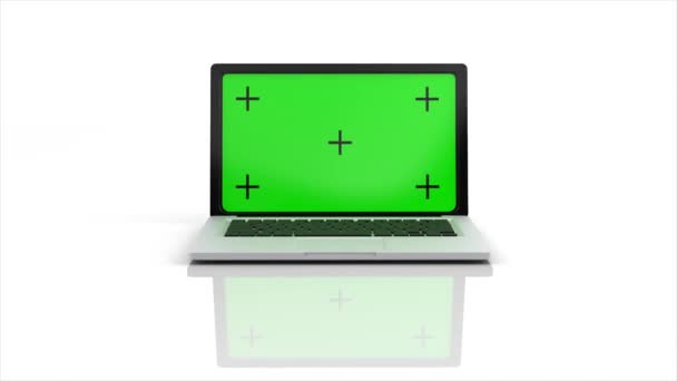 Moderní notebook se zelenou obrazovkou se otvírá na bílém pozadí. 4K animace s alfa kanálem. 3D vykreslování — Stock video