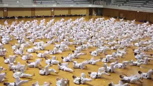 Okinawa, Japan - 11 juli 2012: IOGKF World Budo sai. Grupp människor som övar karate kata. — Stockvideo