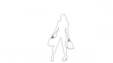 Kadının taslağı ellerinde paketlerle zarif hareketler sergiliyor. Siluet. Beyaz arkaplan