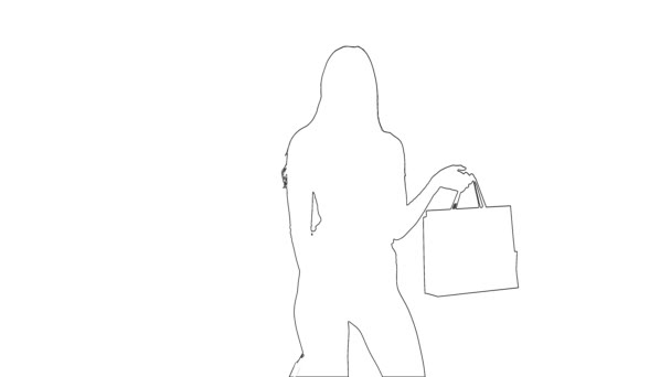 Outline sketch of dancer makes graceful movements with packages in hands. Silhouette. White background — Stock Video