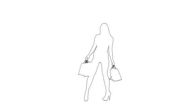 Outline sketch of woman makes graceful movements with packages in hands. Silhouette. White background — Stock Video