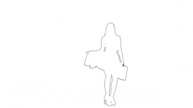 Kadının taslağı ellerinde paketlerle zarif hareketler sergiliyor. Siluet. Beyaz arkaplan